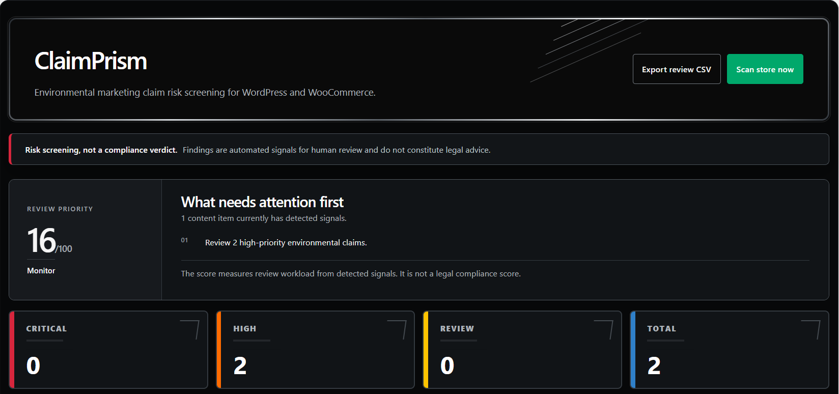 ClaimPrism dashboard showing review priority, detected findings and claim risk summary.