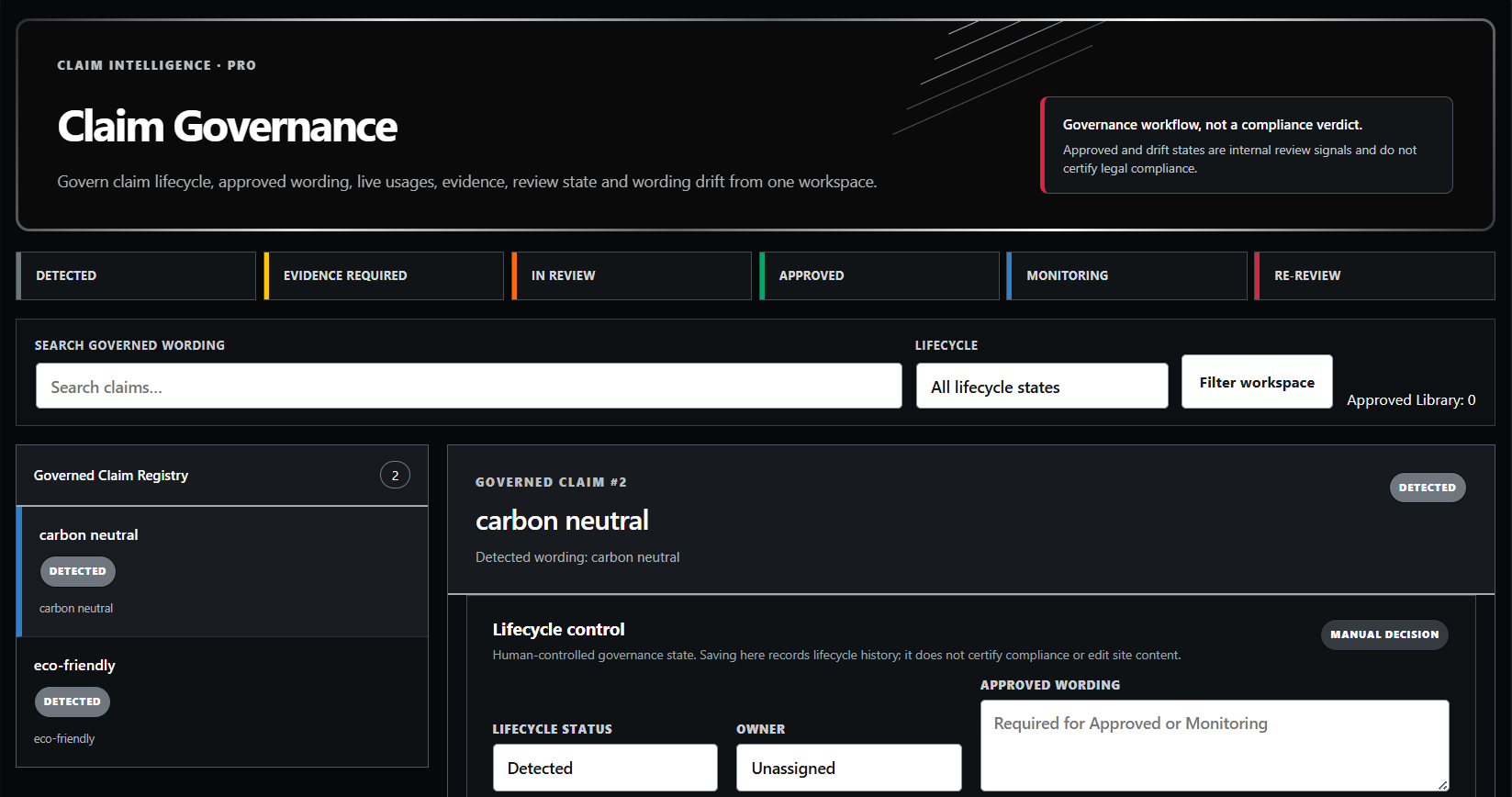 ClaimPrism Claim Governance workspace with lifecycle states, governed claim registry and claim controls.