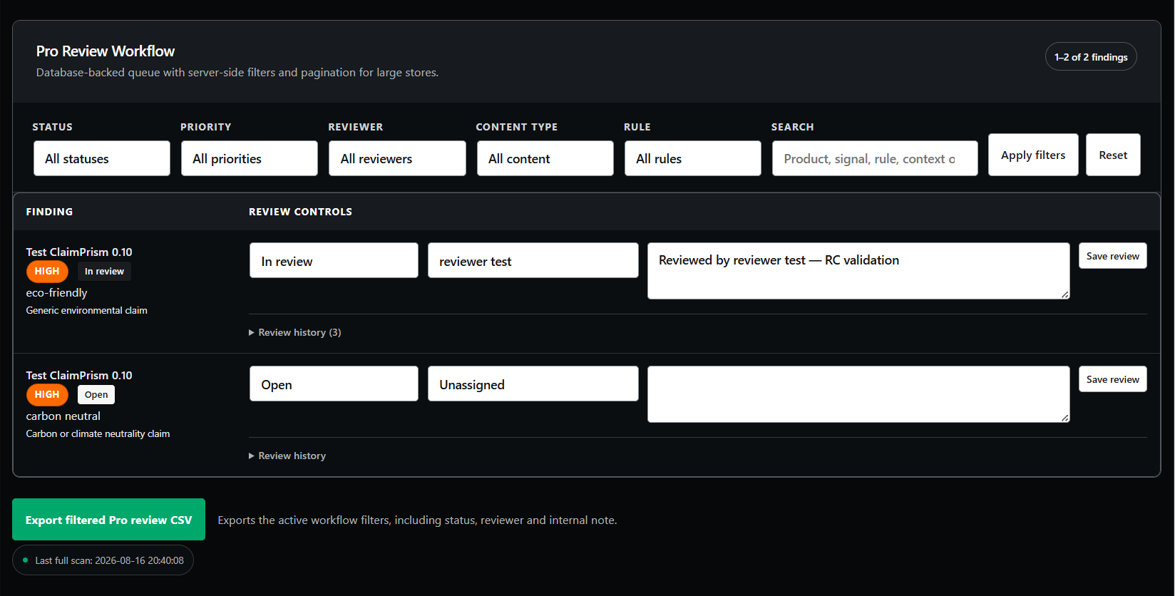 ClaimPrism Pro Review Workflow with filters, reviewer assignment, internal notes and review actions.